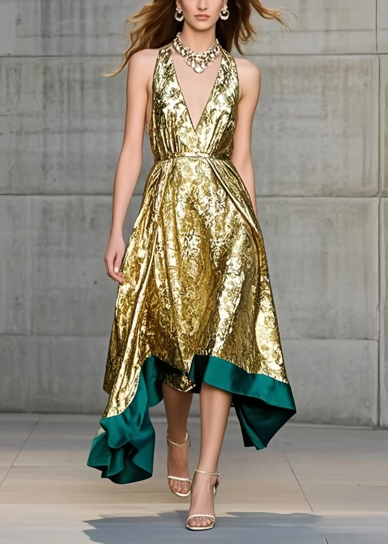 Elegant Golden Jacquard Exra Large Hem Halter Dress Summer - Image 5