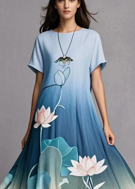 Elegant Gradient Blue Lotus Print Exra Large Hem Cotton Dress Summer - Image 2