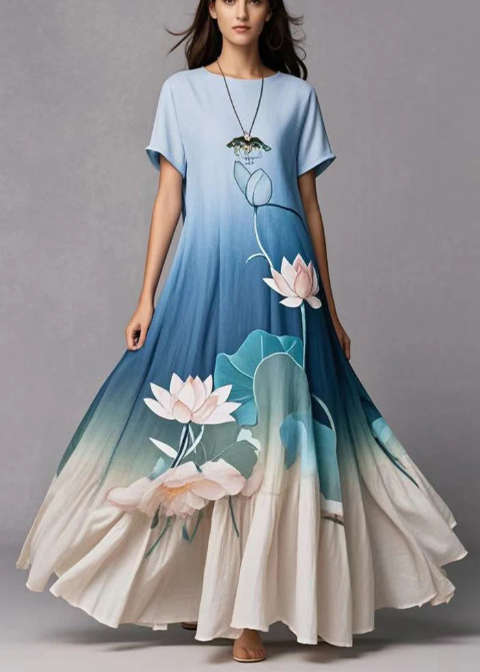 Elegant Gradient Blue Lotus Print Exra Large Hem Cotton Dress Summer - Image 3