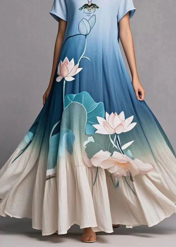 Elegant Gradient Blue Lotus Print Exra Large Hem Cotton Dress Summer - Image 4