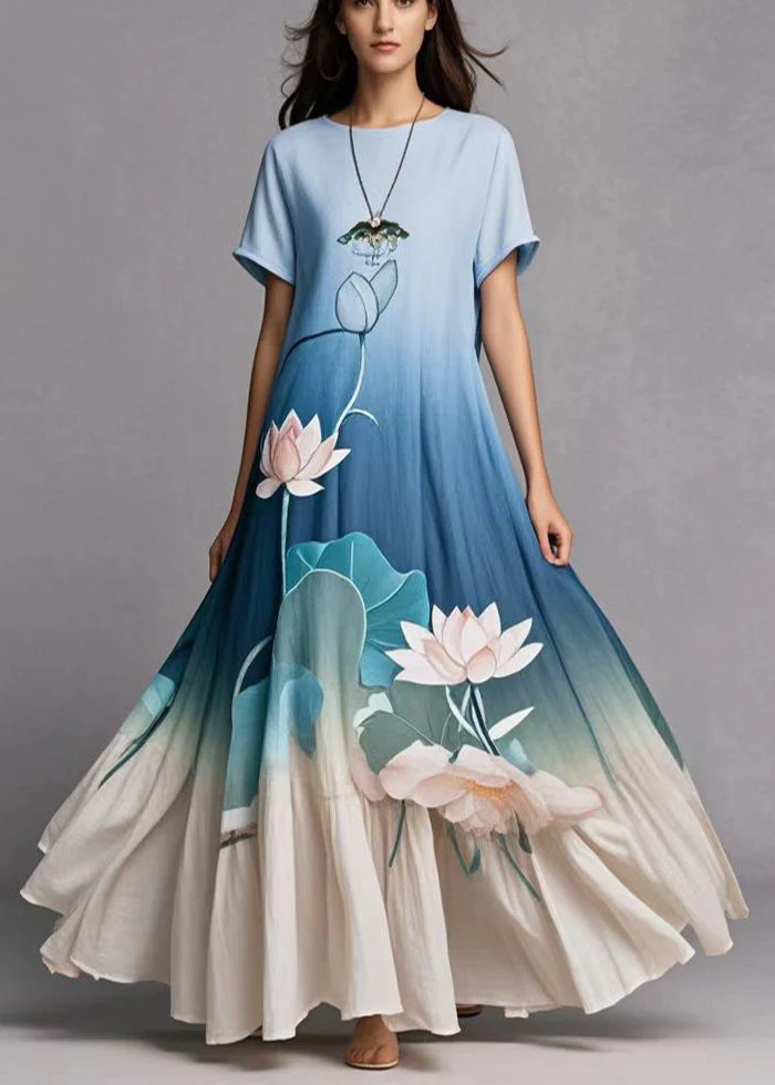 Elegant Gradient Blue Lotus Print Exra Large Hem Cotton Dress Summer - Image 5
