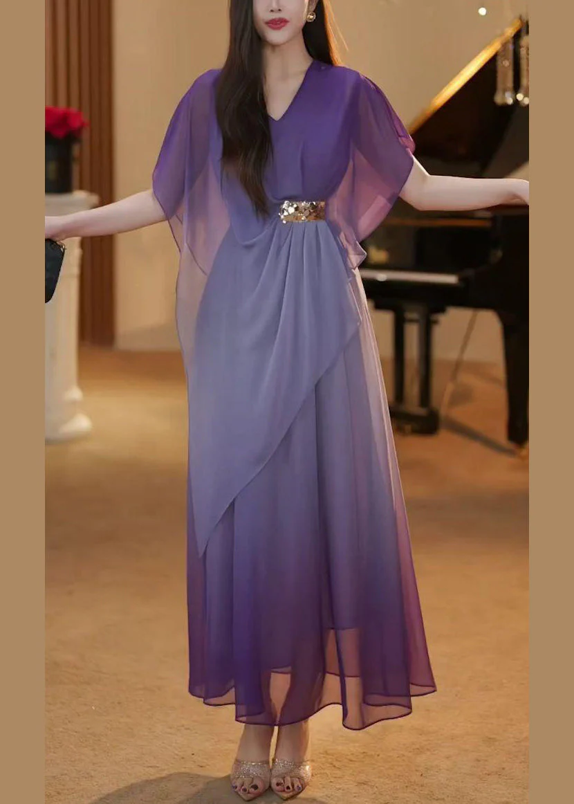 Elegant Gradient Color Asymmetrical High Waist Chiffon Long Dress Summer - Image 2