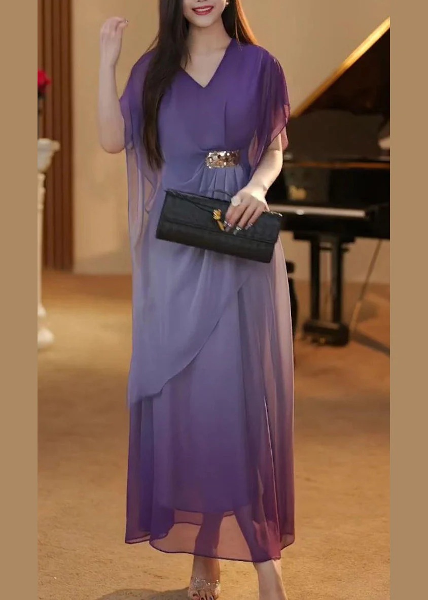 Elegant Gradient Color Asymmetrical High Waist Chiffon Long Dress Summer - Image 3