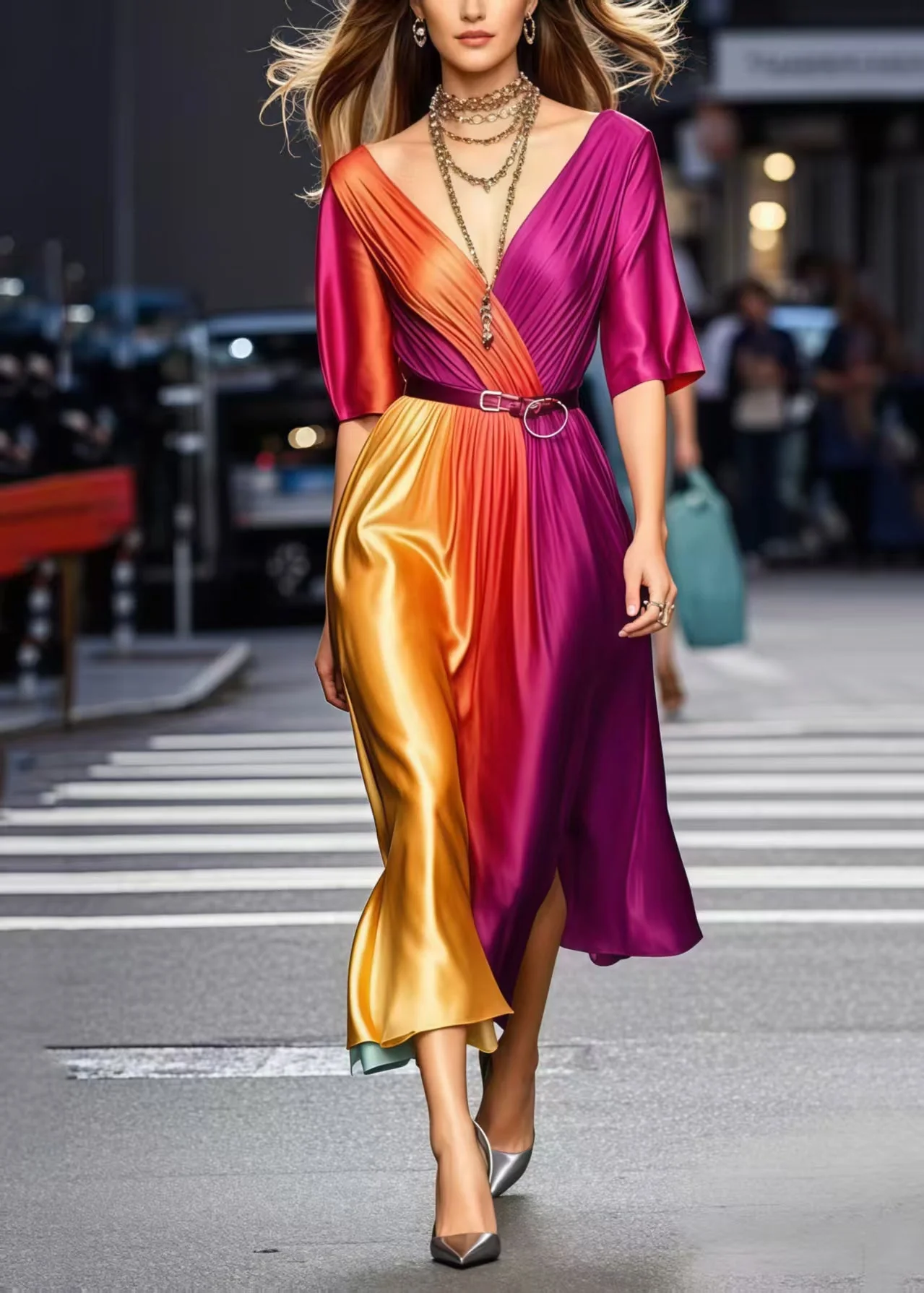 Elegant Gradient Color Cinched Tie Dye Silk Dress Summer1