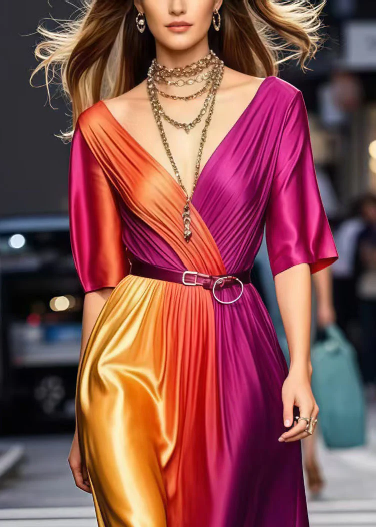 Elegant Gradient Color Cinched Tie Dye Silk Dress Summer1 - Image 2