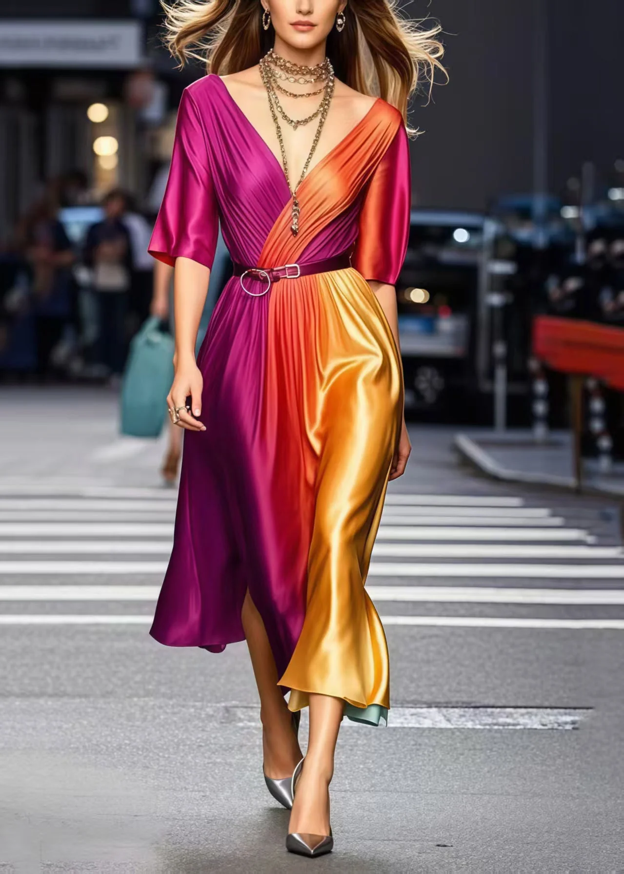 Elegant Gradient Color Cinched Tie Dye Silk Dress Summer1 - Image 3