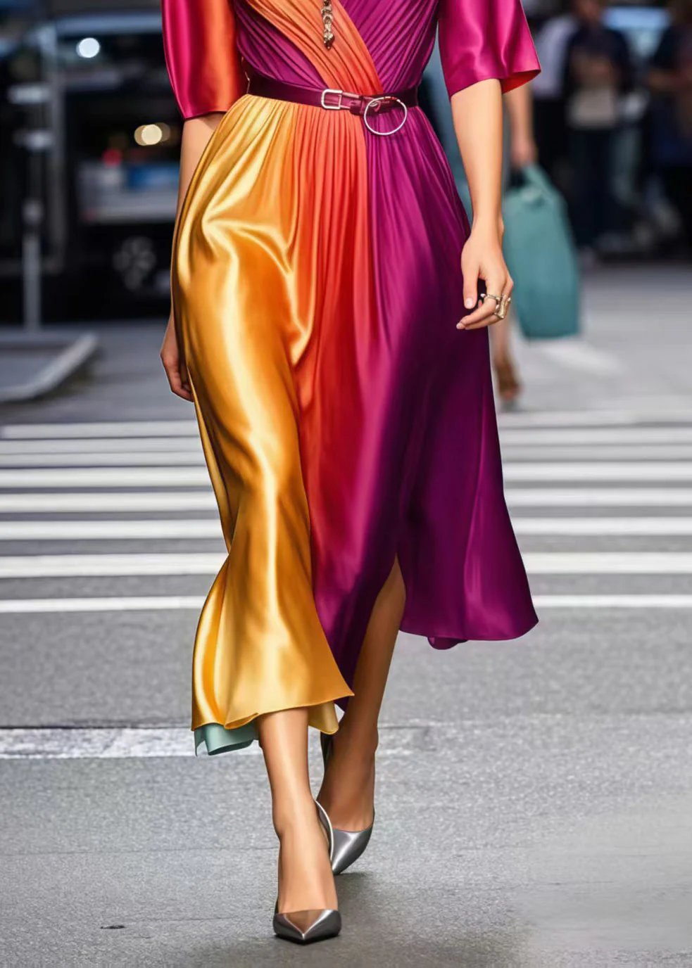 Elegant Gradient Color Cinched Tie Dye Silk Dress Summer1 - Image 4