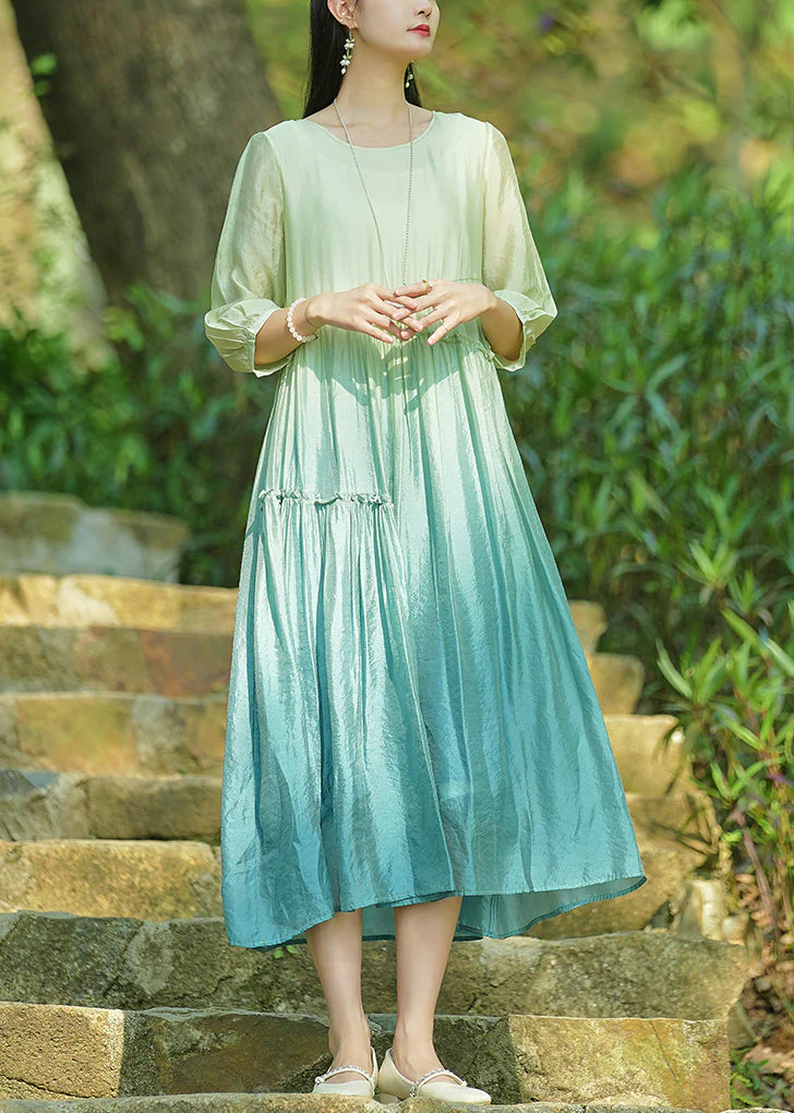 Elegant Gradient Color O-Neck Ruffled Cotton Long Dresses Bracelet Sleeve - Image 2