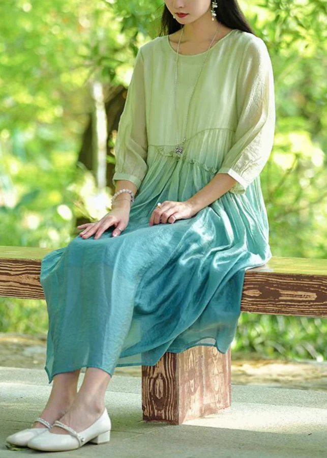 Elegant Gradient Color O-Neck Ruffled Cotton Long Dresses Bracelet Sleeve - Image 3