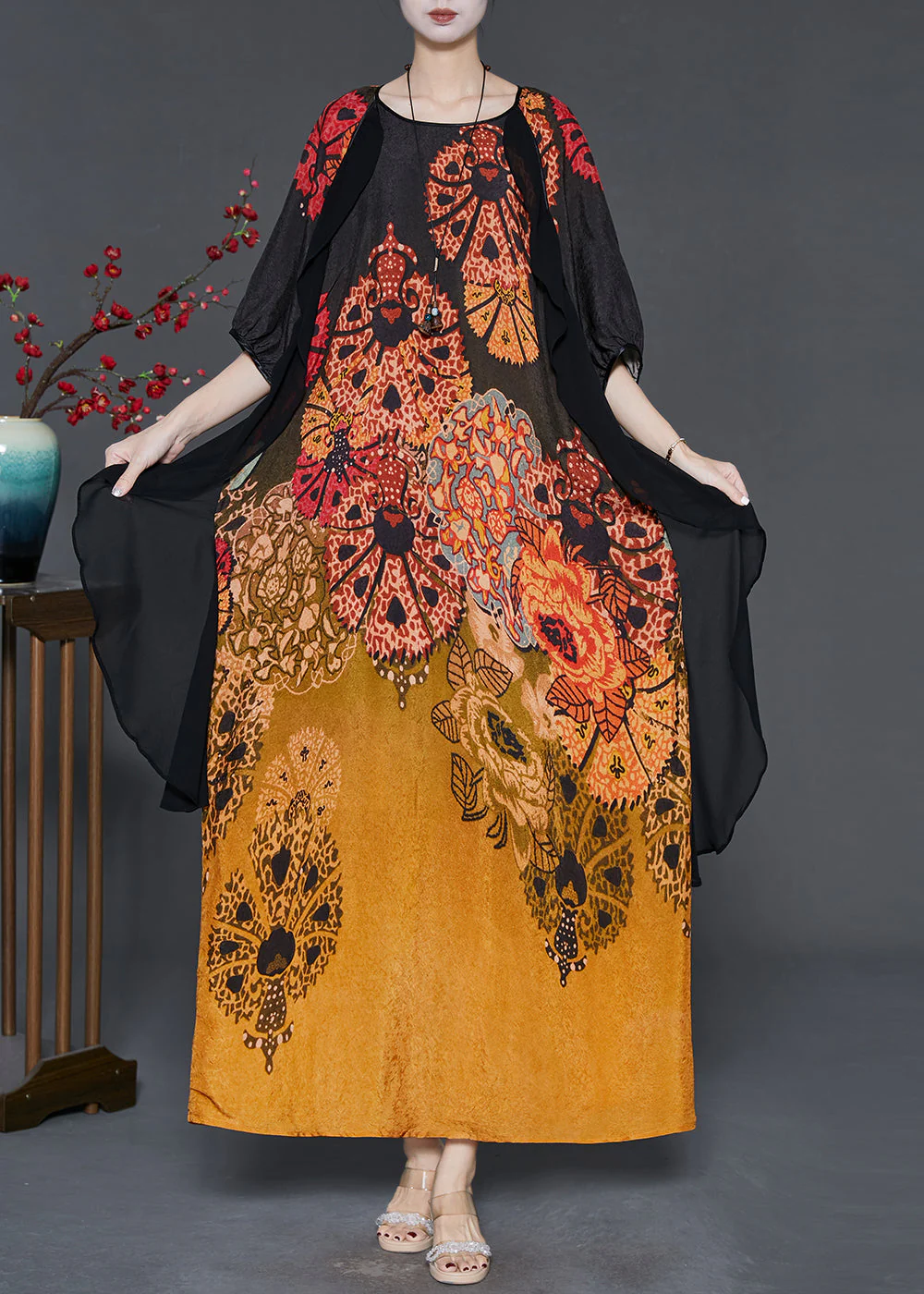 Elegant Gradient Color Print Patchwork Silk Long Dress Summer
