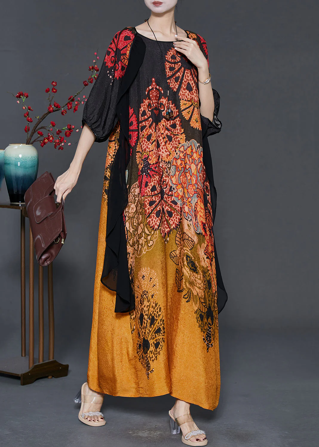 Elegant Gradient Color Print Patchwork Silk Long Dress Summer - Image 2