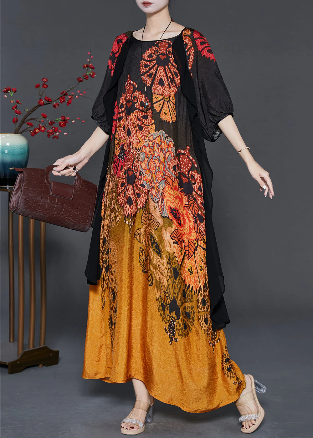 Elegant Gradient Color Print Patchwork Silk Long Dress Summer - Image 3