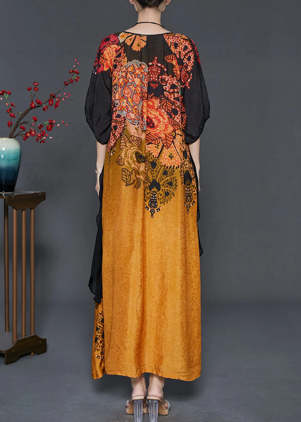 Elegant Gradient Color Print Patchwork Silk Long Dress Summer - Image 4