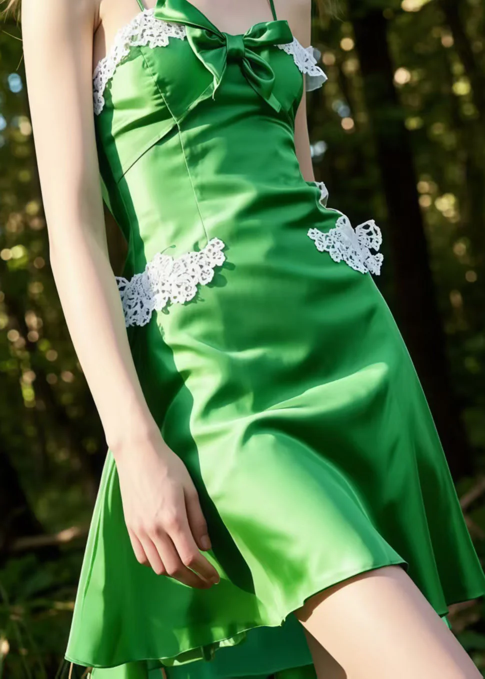 Elegant Grass Green Bow Patchwork Lace Silk Mini Dress Summer - Image 4