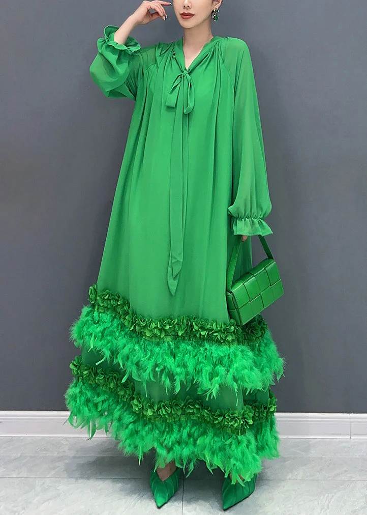 Elegant Green Bow Patchwork Floral Tassel Chiffon Long Dresses Fall - Image 3