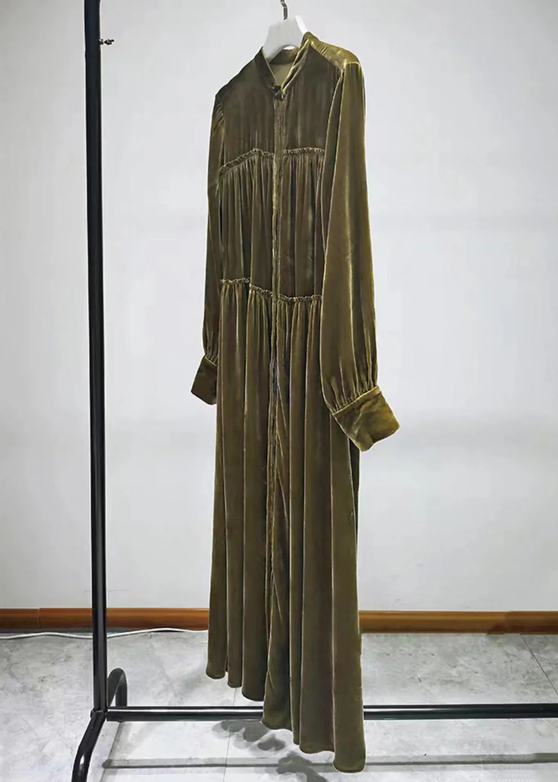 Elegant Green Button Ruffled Silk Velour Shirts Long Dresses Fall - Image 4