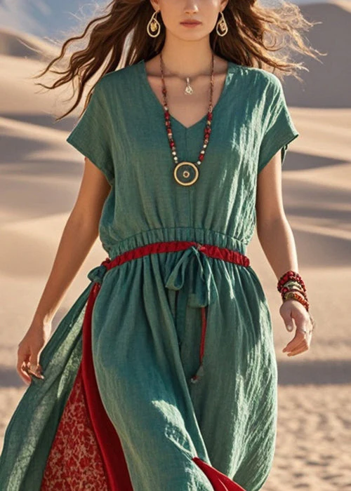 Elegant Green Cinched Patchwork Cotton Sundress Summer - Image 2
