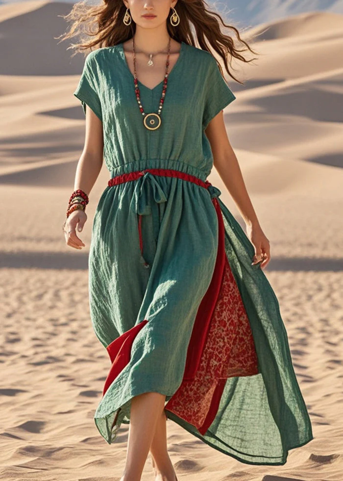 Elegant Green Cinched Patchwork Cotton Sundress Summer - Image 3