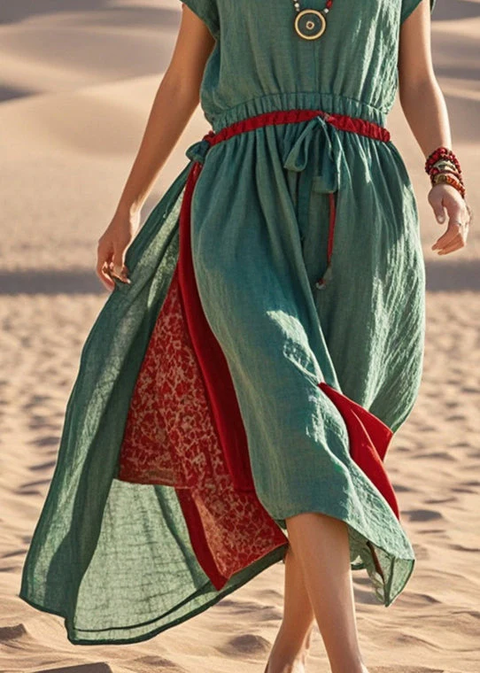Elegant Green Cinched Patchwork Cotton Sundress Summer - Image 4