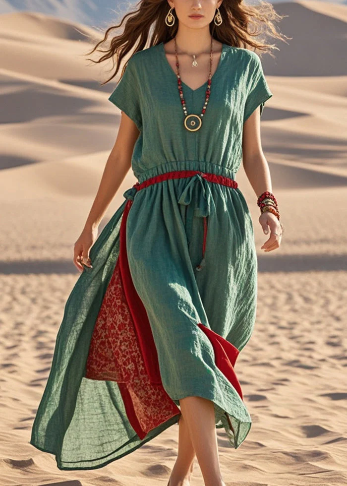 Elegant Green Cinched Patchwork Cotton Sundress Summer - Image 5