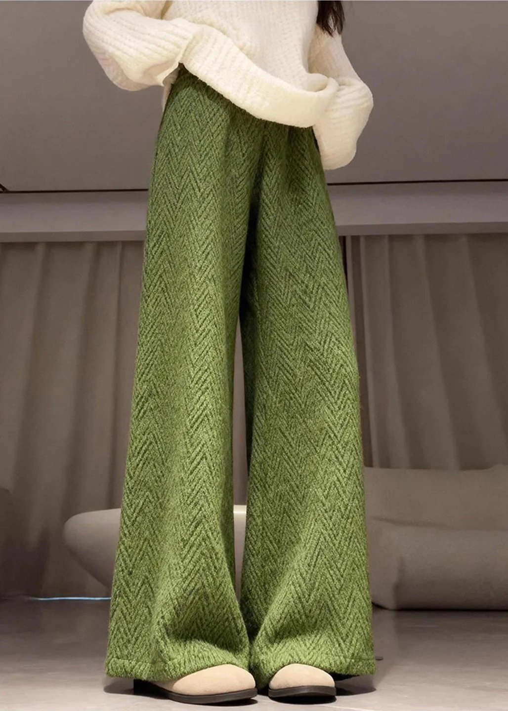 Elegant Green Elastic Waist Warm Fleece Straight Pants Winter - Image 3
