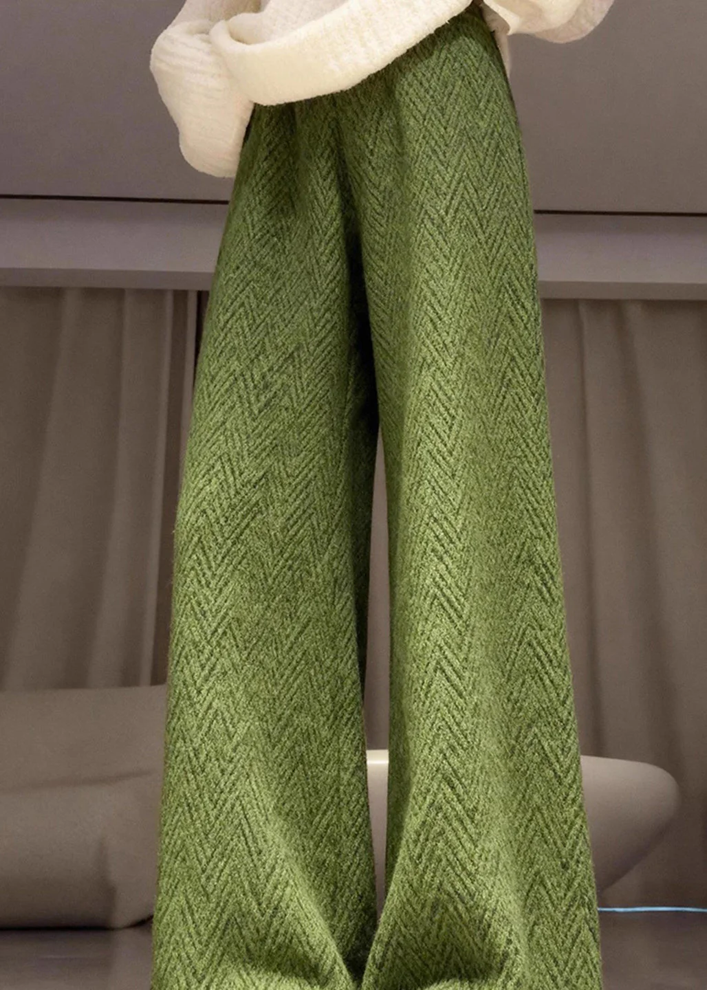 Elegant Green Elastic Waist Warm Fleece Straight Pants Winter - Image 4