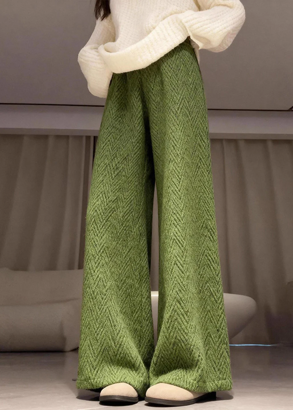 Elegant Green Elastic Waist Warm Fleece Straight Pants Winter - Image 5