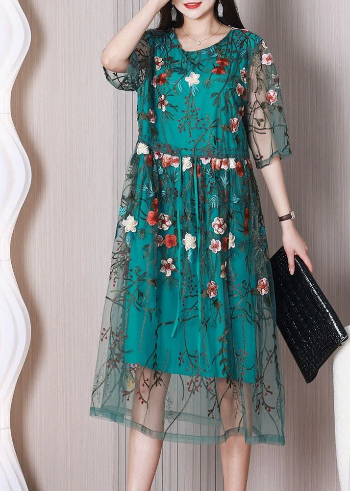 Elegant Green Embroideried Floral Tulle Holiday Dress Summer - Image 2