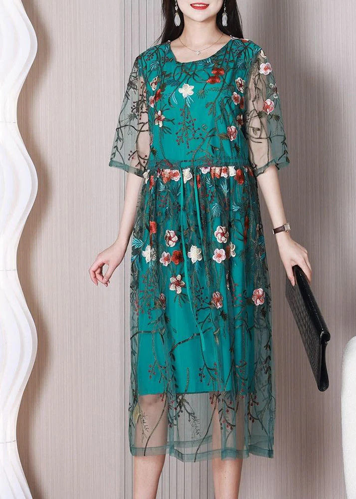 Elegant Green Embroideried Floral Tulle Holiday Dress Summer - Image 3
