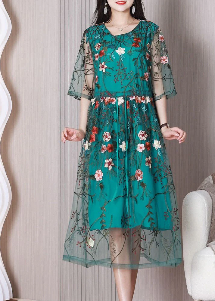 Elegant Green Embroideried Floral Tulle Holiday Dress Summer - Image 4