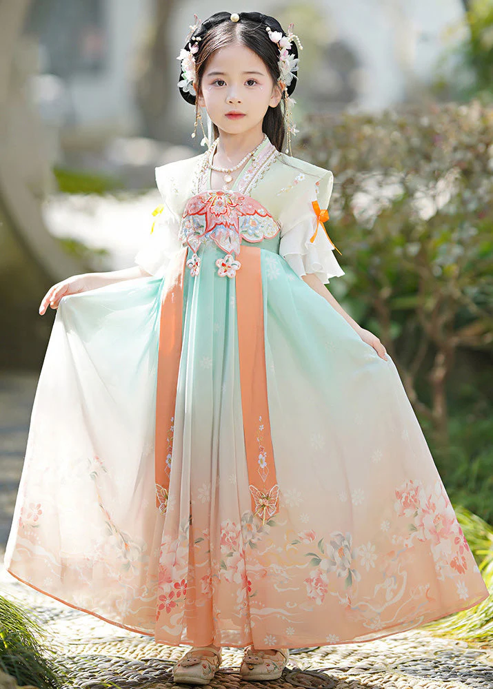 Elegant Green Embroideried Print Tassel Kids Girls Long Dress Summer - Image 2