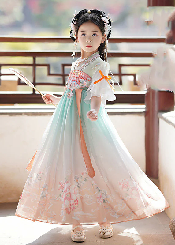 Elegant Green Embroideried Print Tassel Kids Girls Long Dress Summer - Image 3