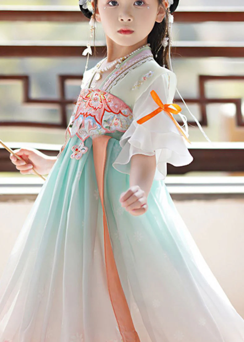 Elegant Green Embroideried Print Tassel Kids Girls Long Dress Summer - Image 5
