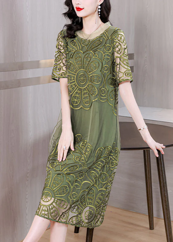 Elegant Green Embroidered Ruffled Tulle Long Dresses Short Sleeve - Image 3