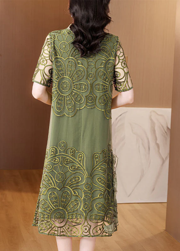Elegant Green Embroidered Ruffled Tulle Long Dresses Short Sleeve - Image 5