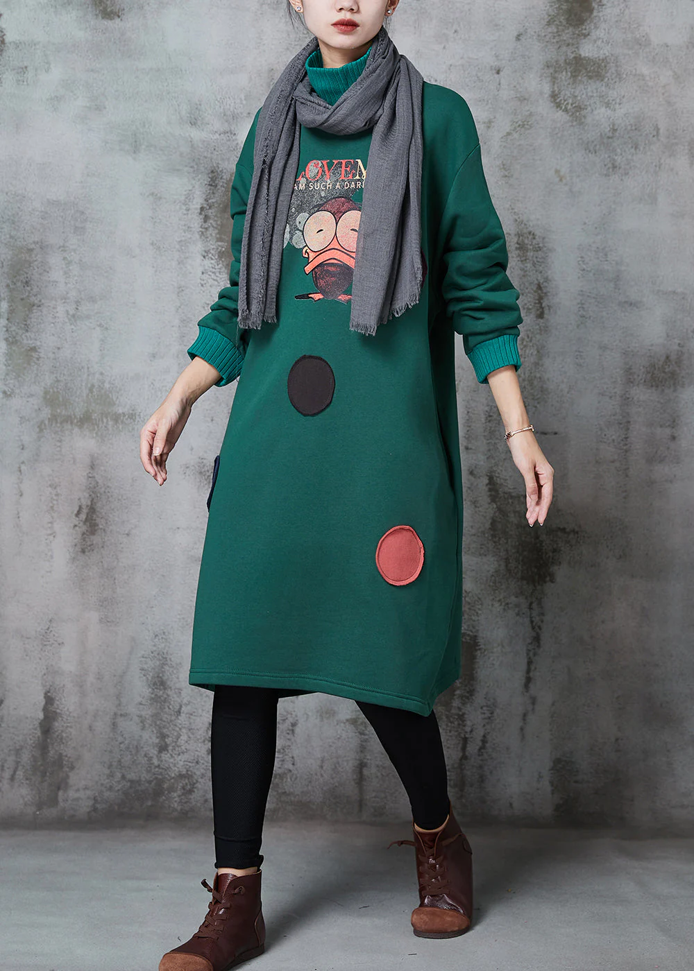 Elegant Green High Neck Print Cotton Sweatshirts Dress Spring - Image 2