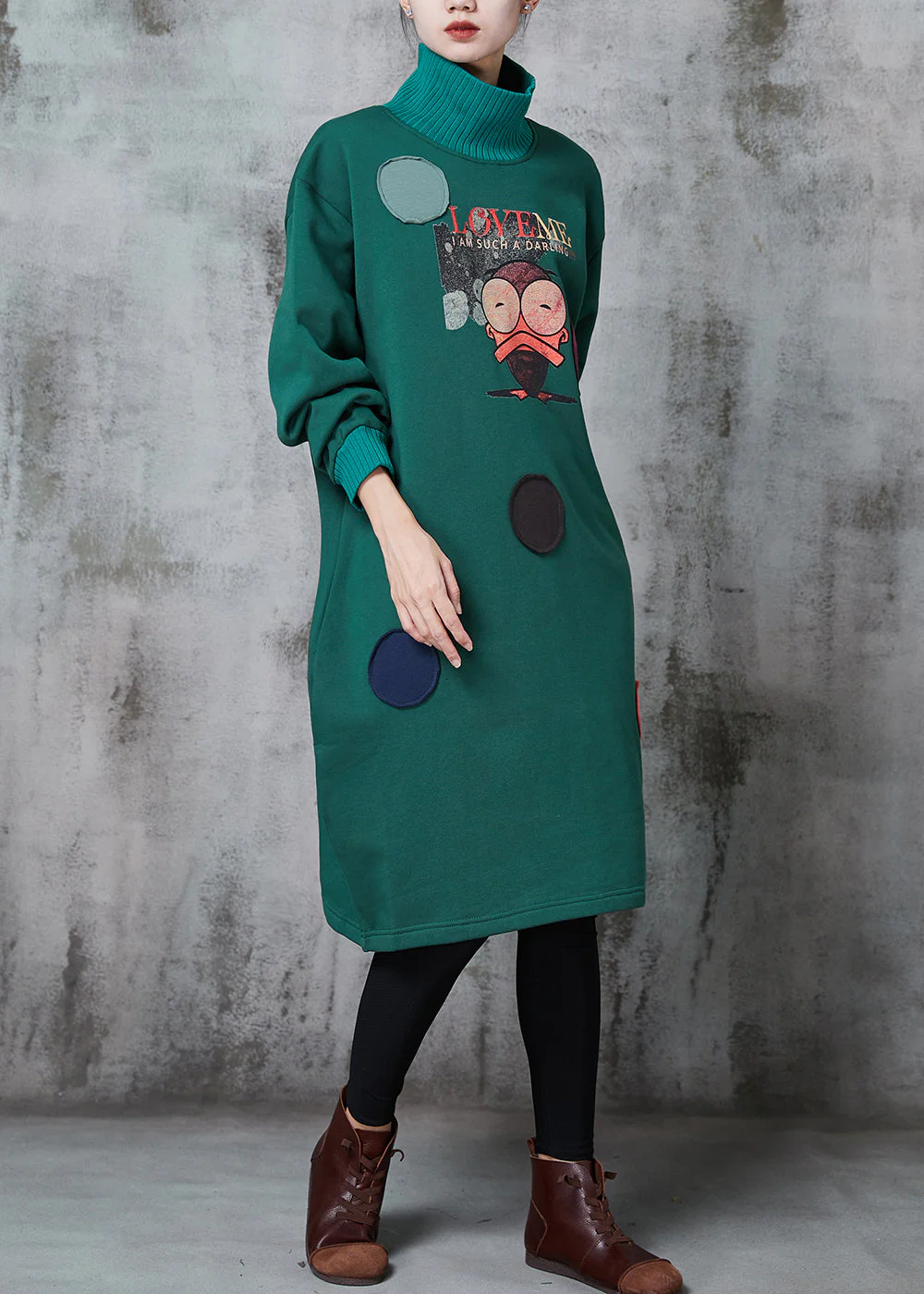 Elegant Green High Neck Print Cotton Sweatshirts Dress Spring - Image 3