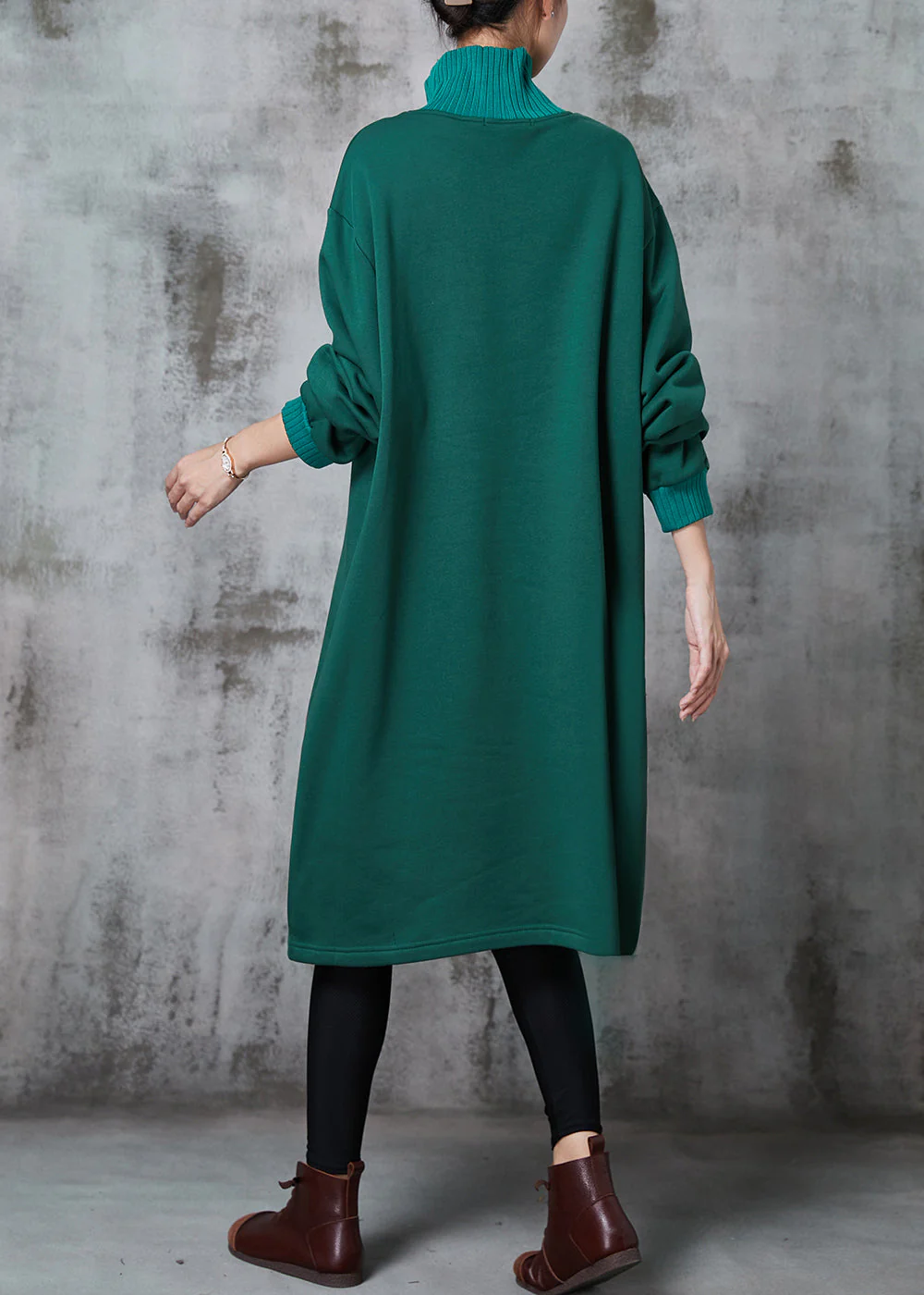 Elegant Green High Neck Print Cotton Sweatshirts Dress Spring - Image 4
