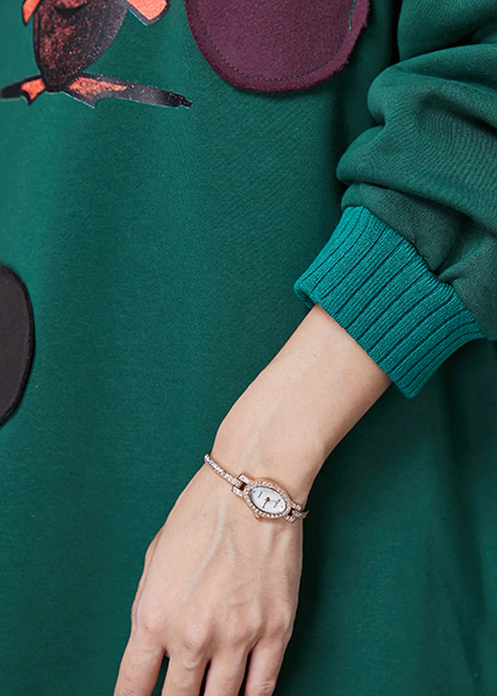 Elegant Green High Neck Print Cotton Sweatshirts Dress Spring - Image 5