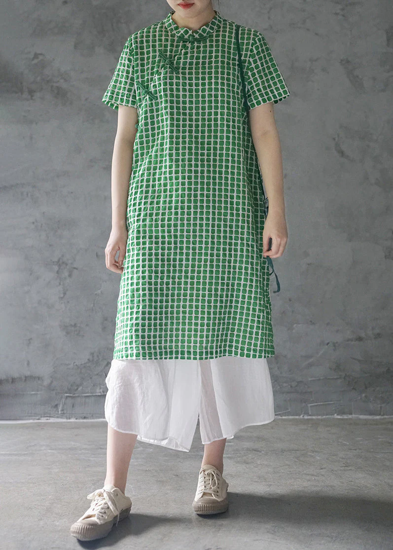 Elegant Green Mandarin Collar Button Plaid Cotton Dresses Short Sleeve - Image 2