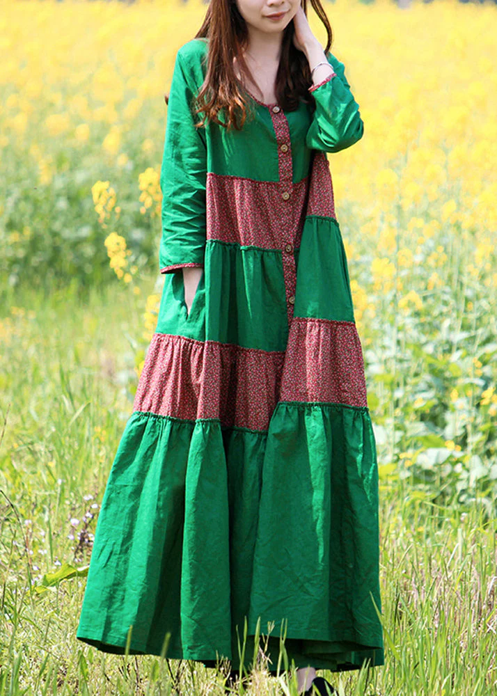 Elegant Green O-Neck Button Patchwork Vacation Dresses Long Sleeve - Image 2