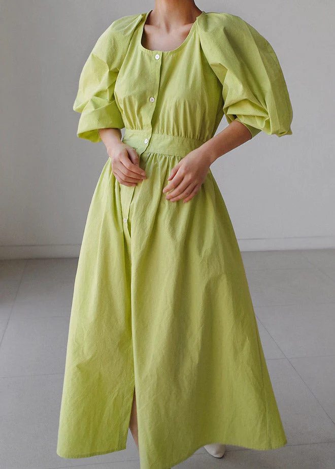 Elegant Green O-Neck Button Pockets Wrinkled Cotton Long Dress Puff Sleeve - Image 2