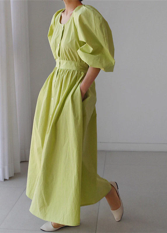 Elegant Green O-Neck Button Pockets Wrinkled Cotton Long Dress Puff Sleeve - Image 3