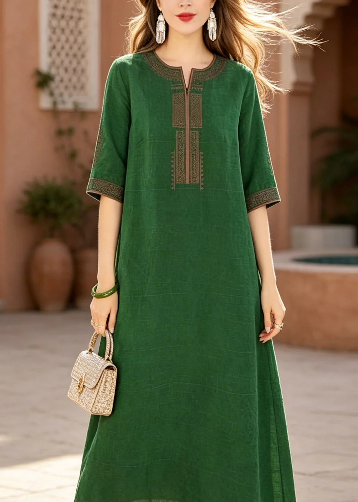 Elegant Green O-Neck Embroidered Silk Dress Summer - Image 2