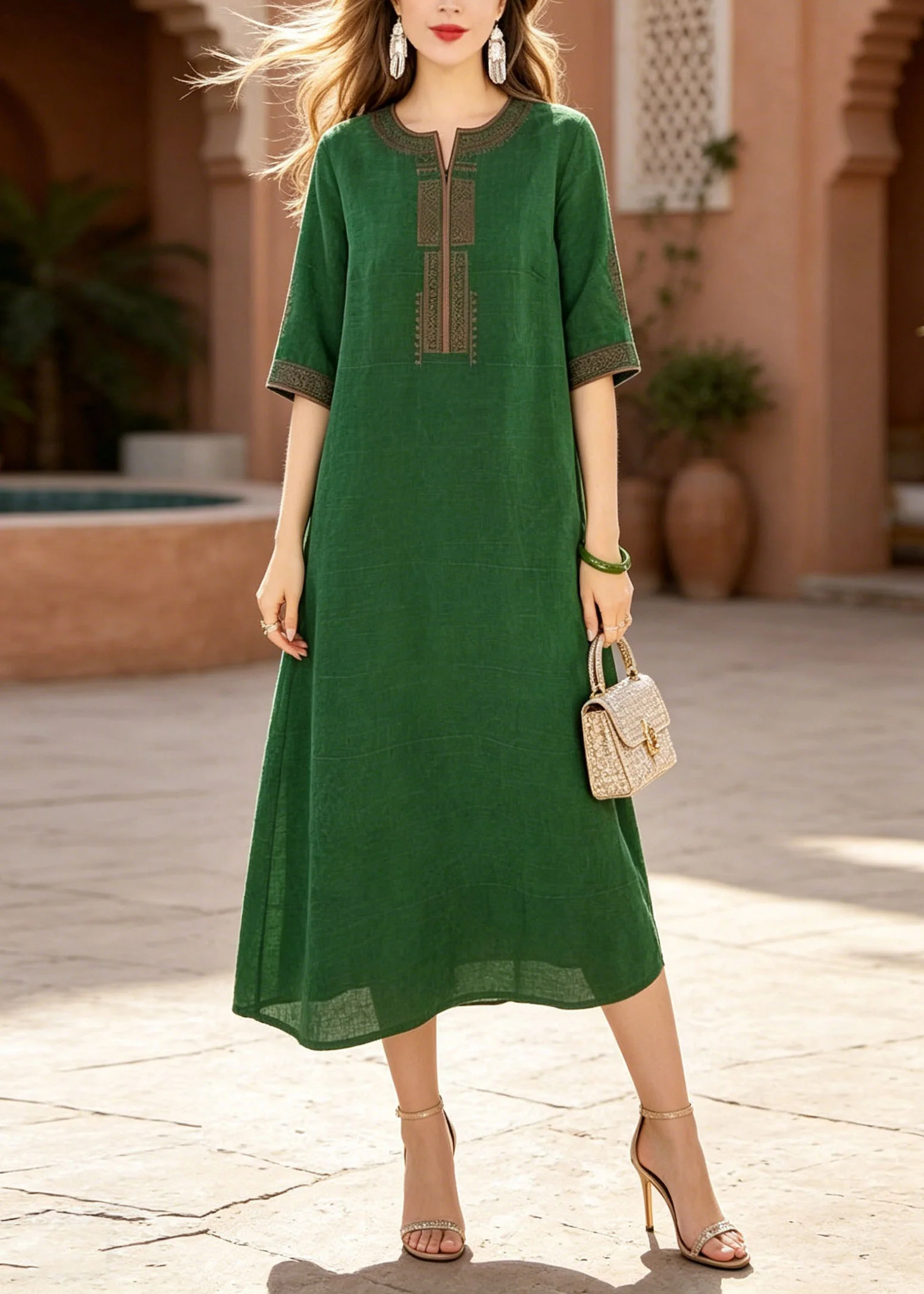 Elegant Green O-Neck Embroidered Silk Dress Summer - Image 3