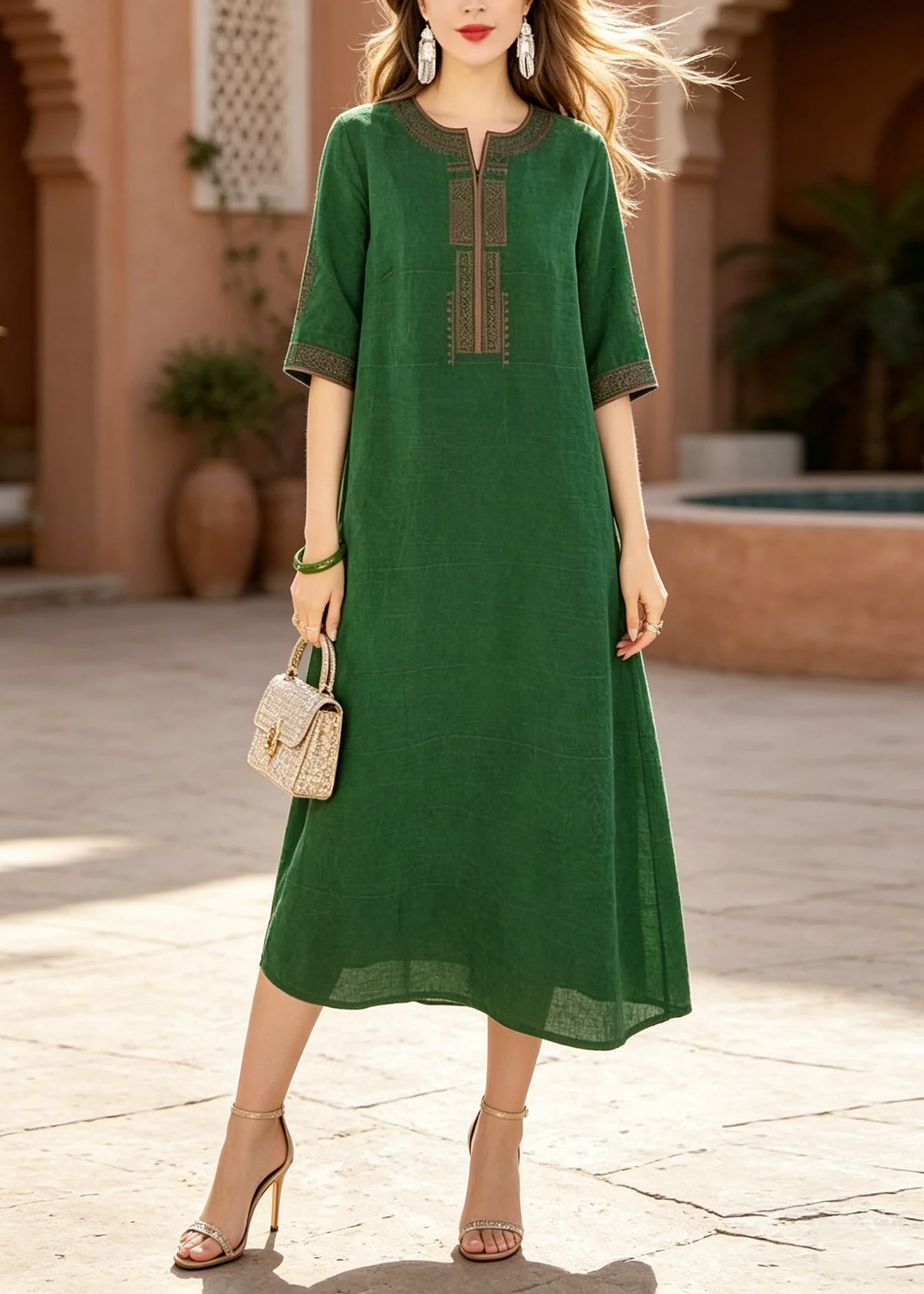 Elegant Green O-Neck Embroidered Silk Dress Summer - Image 5