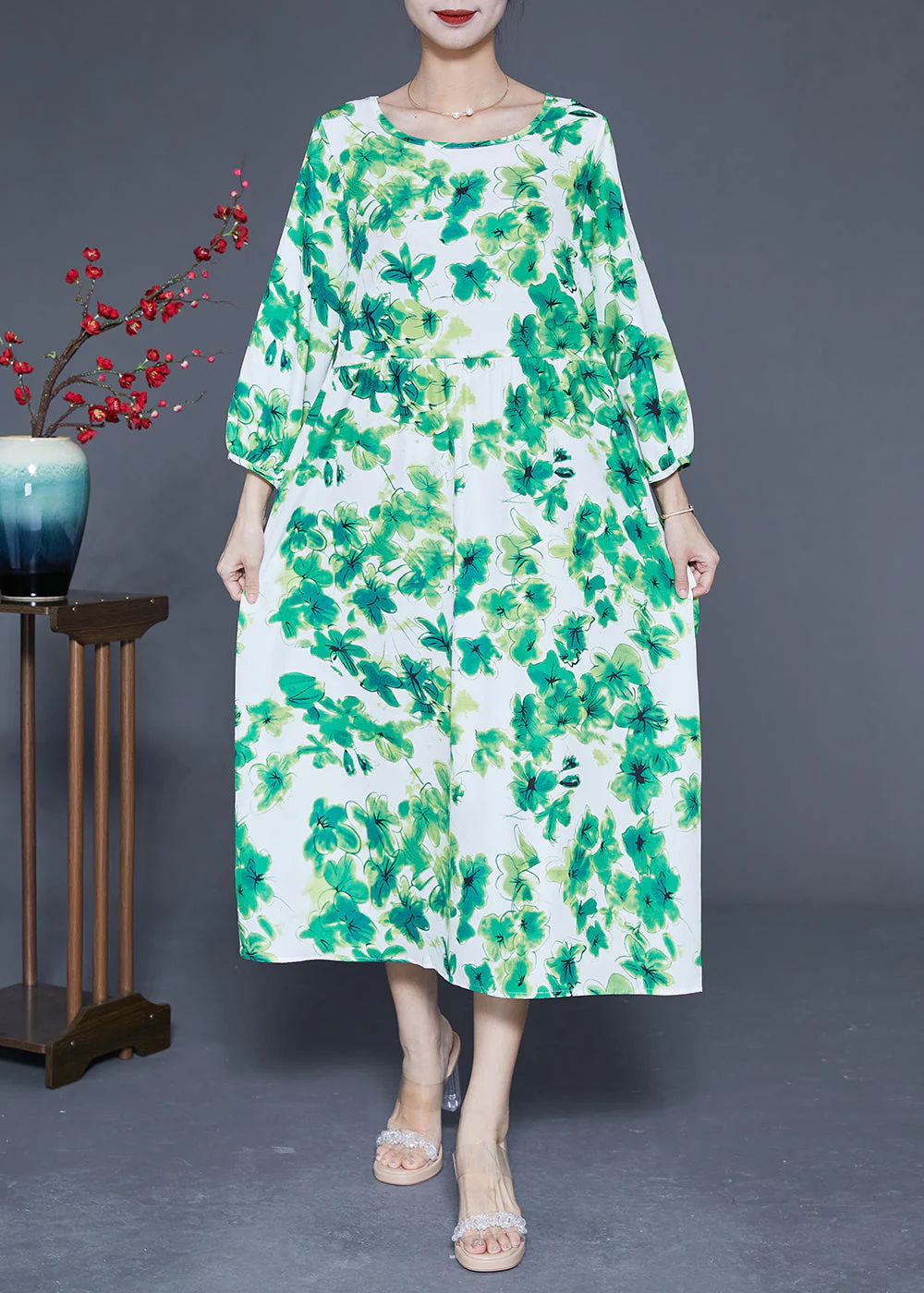 Elegant Green O-Neck Oversized Print Silk Vacation Dresses Bracelet Sleeve - Image 2