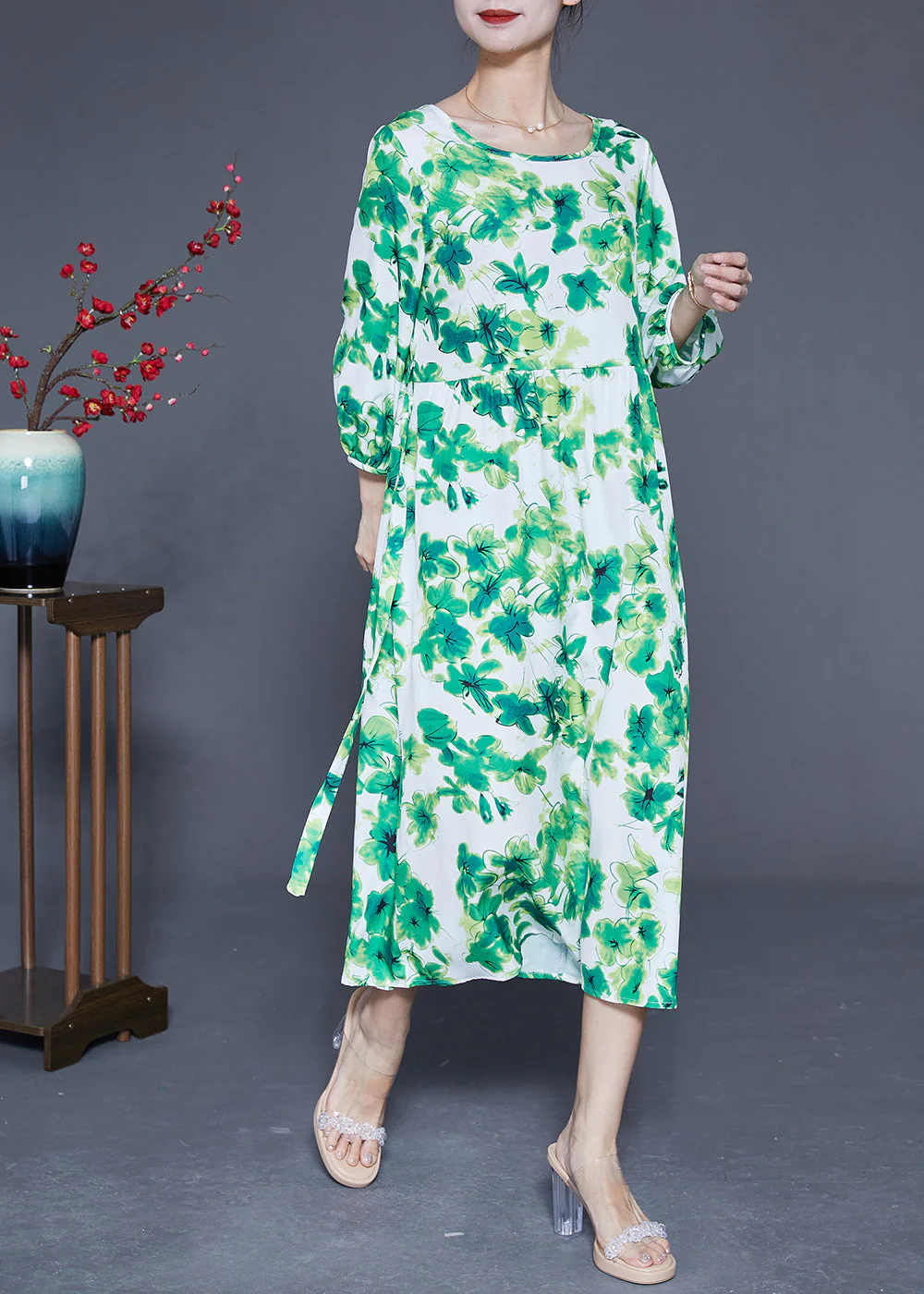 Elegant Green O-Neck Oversized Print Silk Vacation Dresses Bracelet Sleeve - Image 3