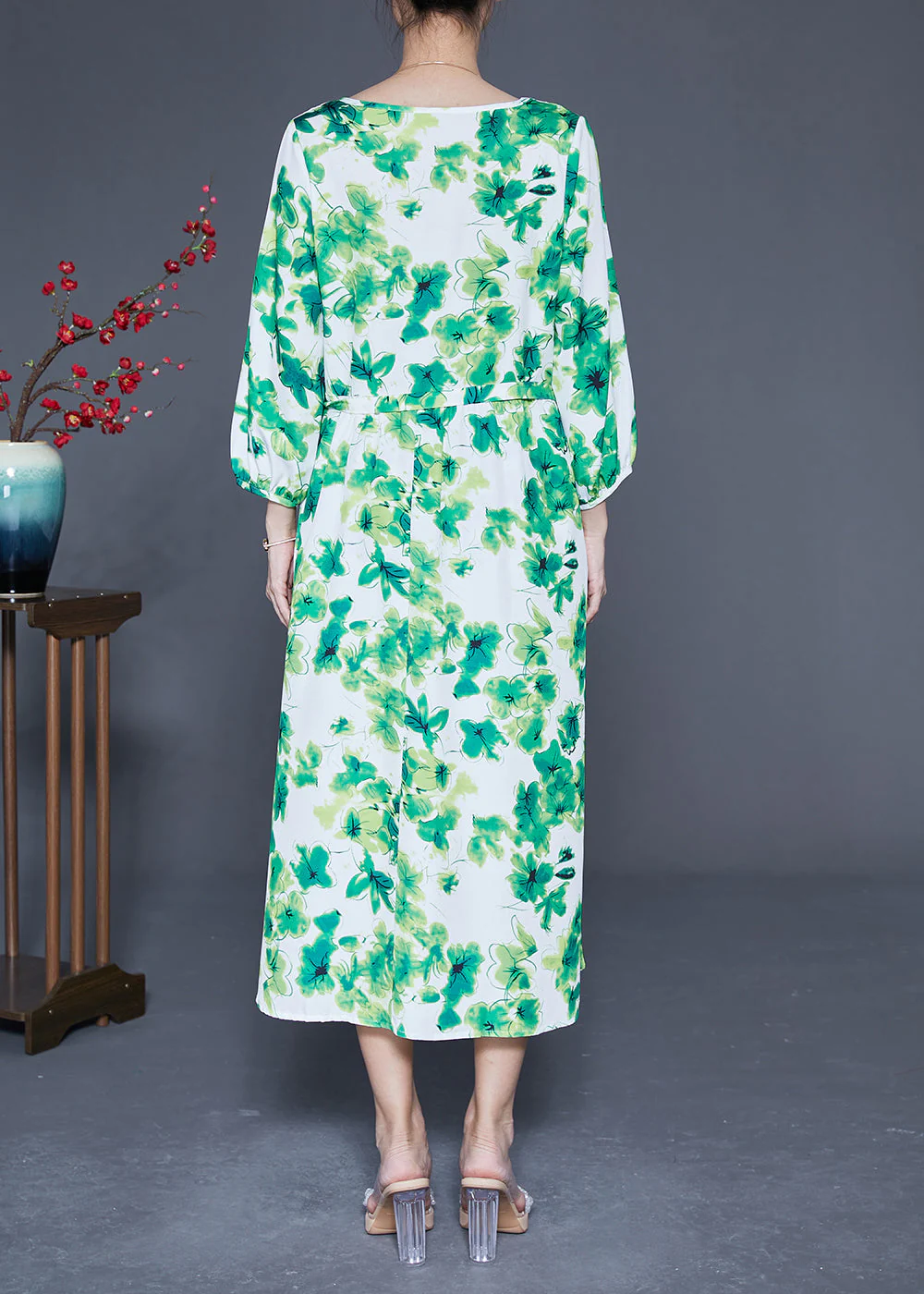 Elegant Green O-Neck Oversized Print Silk Vacation Dresses Bracelet Sleeve - Image 4