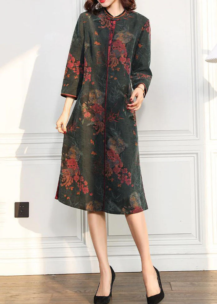 Elegant Green O Neck Side Open Print Silk Dress Bracelet Sleeve - Image 2